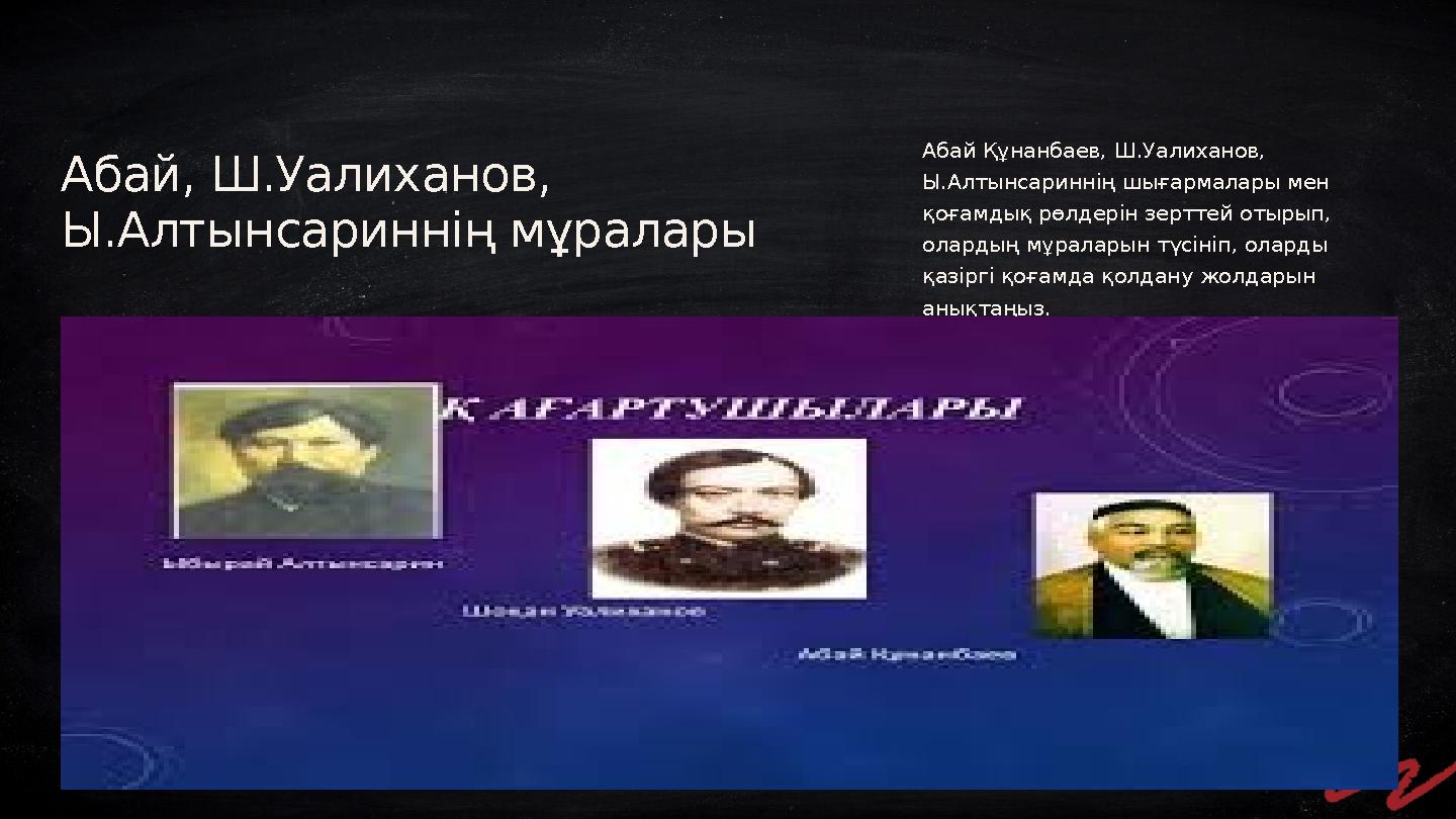 Абай Құнанбаев, Ш.Уалиханов, Ы.Алтынсариннің шығармалары мен қоғамдық рөлдерін зерттей отырып, олардың мұраларын түсініп, ола