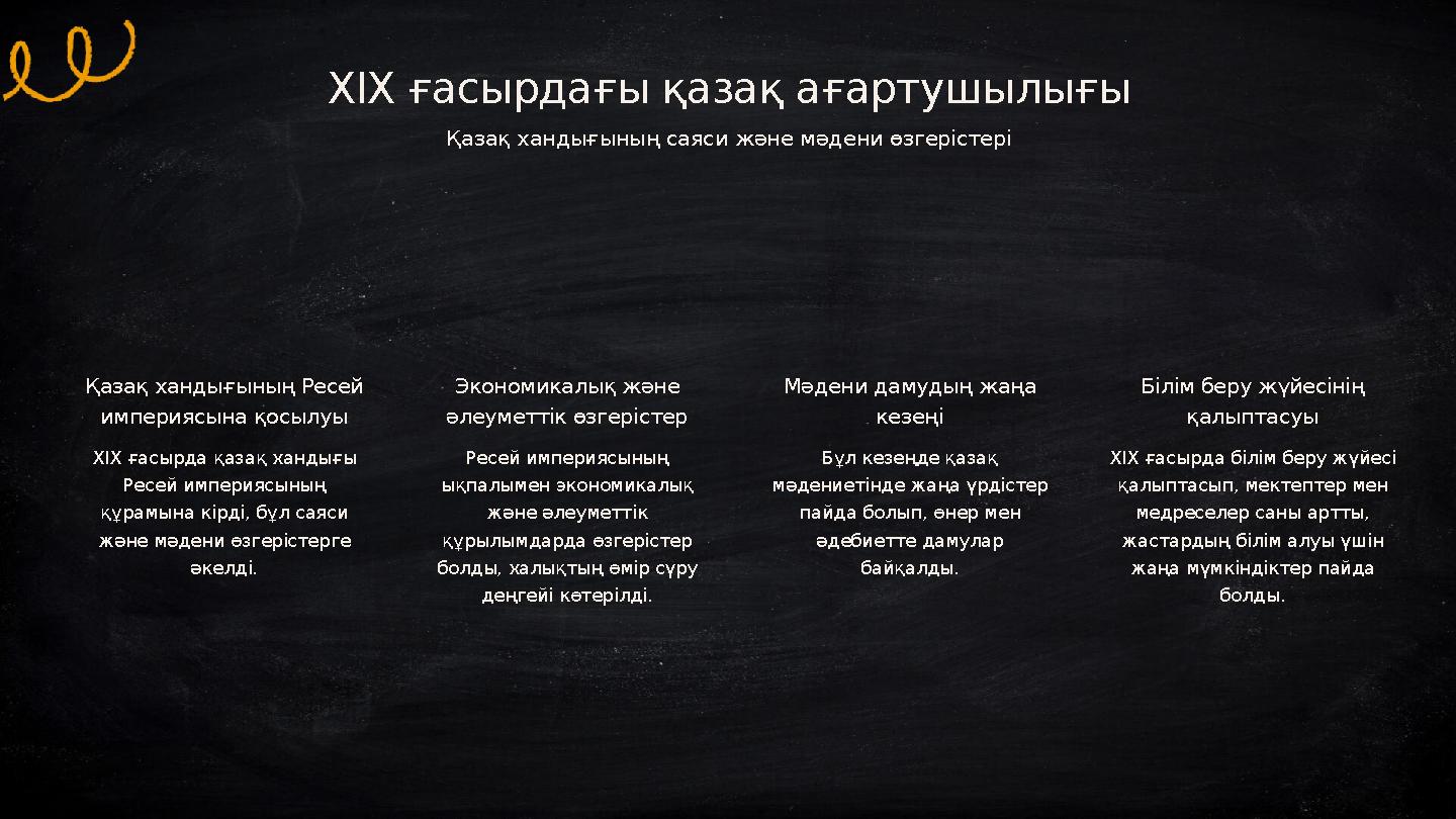 Қазақ хандығының Ресей империясына қосылуы ХІХ ғасырда қазақ хандығы Ресей империясының құрамына кірді, бұл саяси және мәден