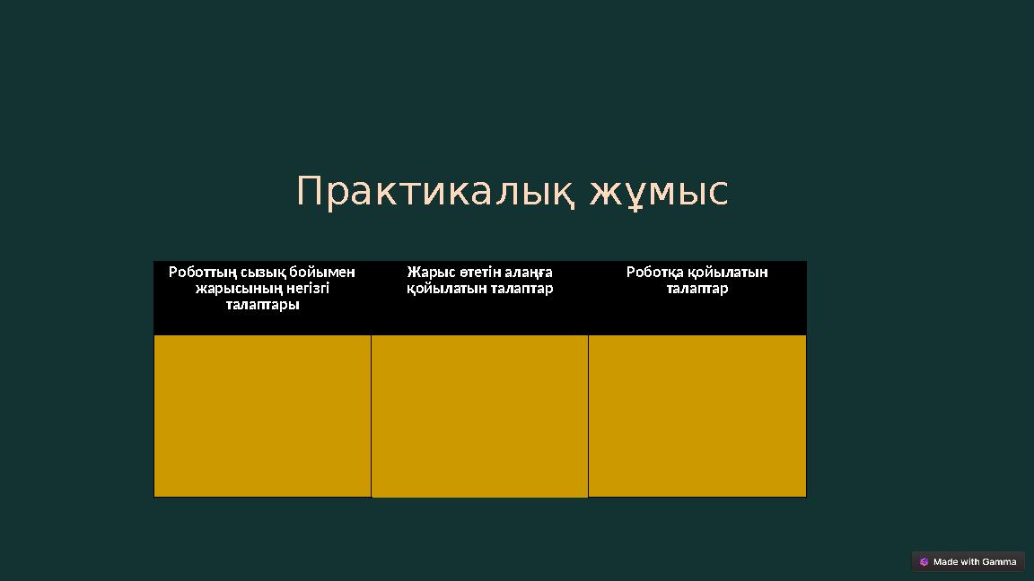 Роботтың сызық бойымен жарысының негізгі талаптары Жарыс өтетін алаңға қойылатын талаптар Роботқа қойылатын талаптар Практик