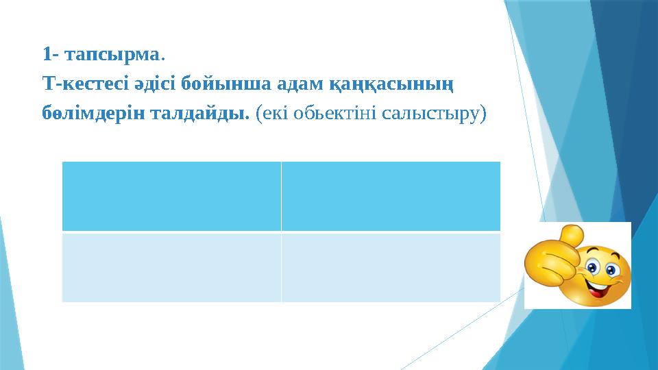 1- тапсырма. Т-кестесі әдісі бойынша адам қаңқасының бөлімдерін талдайды. (екі обьектіні салыстыру)