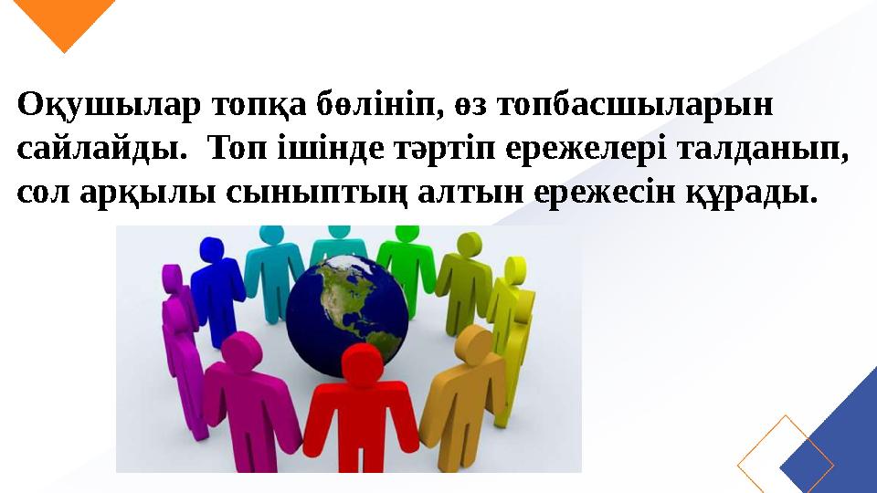 Оқушылар топқа бөлініп, өз топбасшыларын сайлайды. Топ ішінде тәртіп ережелері талданып, сол арқылы сыныптың алтын ережесін қ