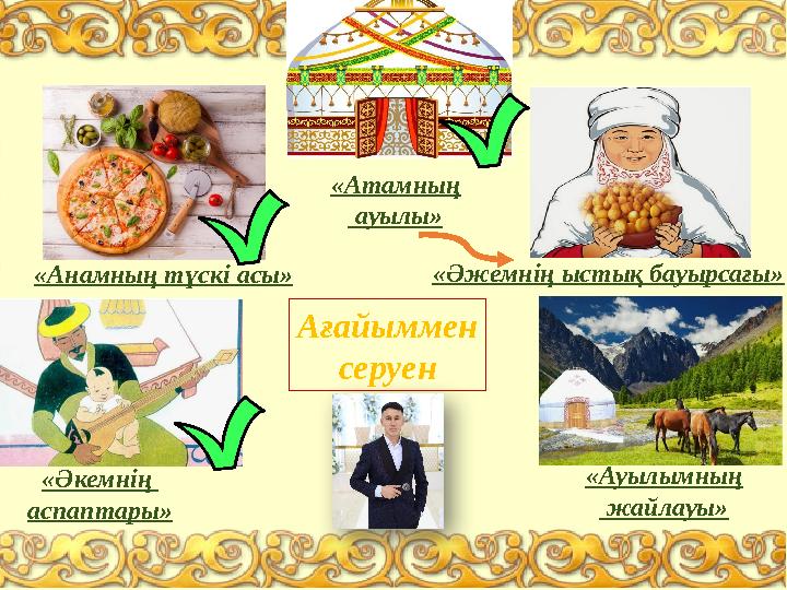 «Анамның түскі асы» «Әжемнің ыстық бауырсағы» «Әкемнің аспаптары» «Атамның ауылы» «Ауылымның жайлауы» Ағайыммен серуен