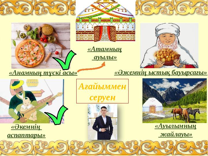 «Анамның түскі асы» «Әжемнің ыстық бауырсағы» «Әкемнің аспаптары» «Атамның ауылы» «Ауылымның жайлауы» Ағайыммен серуен