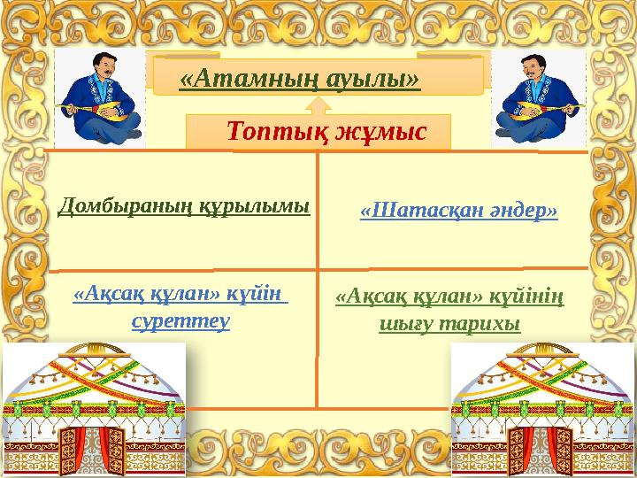 «Атамның ауылы» Топтық жұмыс Домбыраның құрылымы «Шатасқан әндер» «Ақсақ құлан» күйін суреттеу «Ақсақ құлан» күйінің шығу тар
