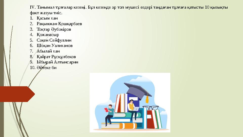 IV. Танымал тұлғалар кезеңі. Бұл кезеңде әр топ мүшесі өздері таңдаған тұлғаға қатысты 10 қызықты факт жазуы тиіс