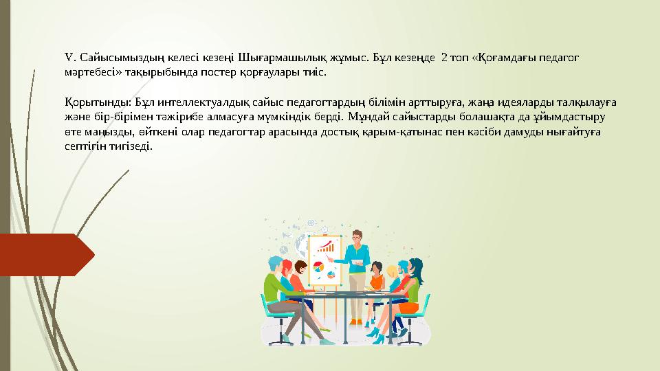 V. Сайысымыздың келесі кезеңі Шығармашылық жұмыс. Бұл кезеңде 2 топ «Қоғамдағы педагог мәртебесі» тақырыбында пос