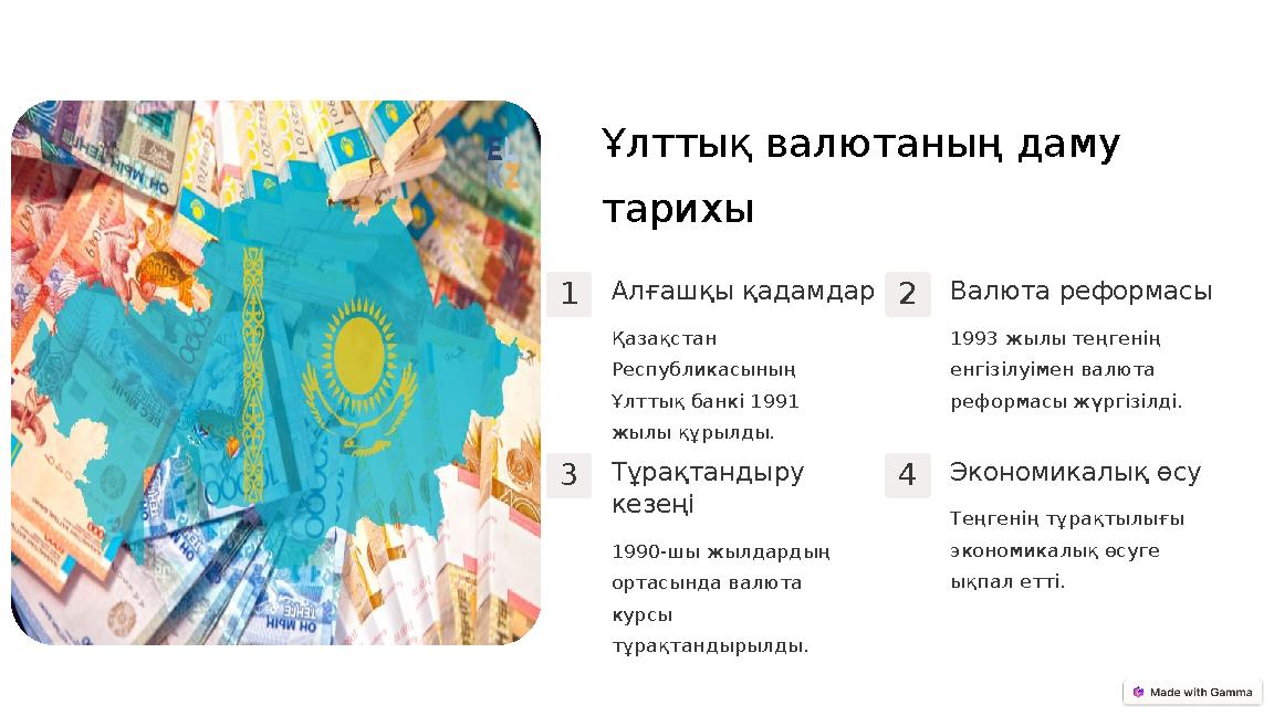 Ұлттық валютаның даму тарихы 1Алғашқы қадамдар Қазақстан Республикасының Ұлттық банкі 1991 жылы құрылды. 2Валюта реформасы 1 Ұлттық валютаның даму тарихы 1Алғашқы қадамдар Қазақстан Республикасының Ұлттық банкі 1991 жылы құрылды. 2Валюта реформасы 1