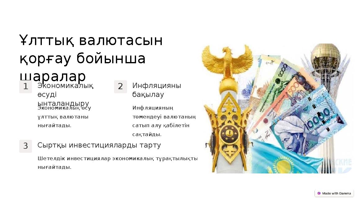 Ұлттық валютасын қорғау бойынша шаралар 1Экономикалық өсуді ынталандыру Экономикалық өсу ұлттық валютаны нығайтады. 2Инфля Ұлттық валютасын қорғау бойынша шаралар 1Экономикалық өсуді ынталандыру Экономикалық өсу ұлттық валютаны нығайтады. 2Инфля