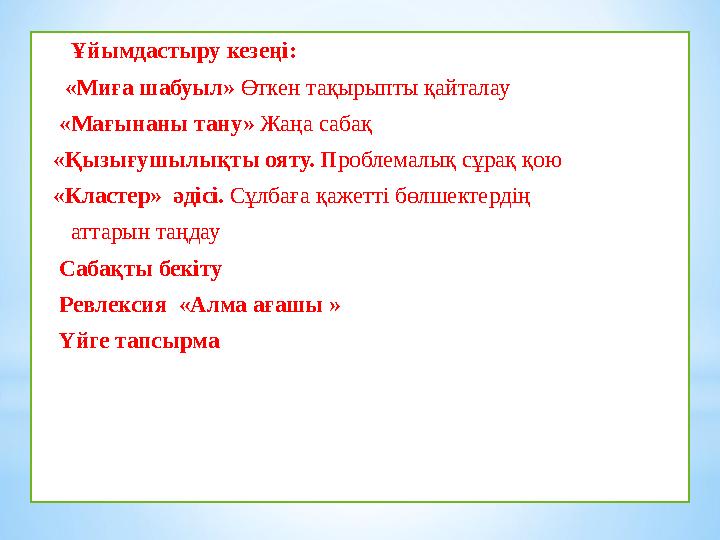 Ұйымдастыру кезеңі: «Миға шабуыл» Өткен тақырыпты қайталау «Мағынаны тану» Жаңа сабақ «Қызығушылықты ояту. Проблема