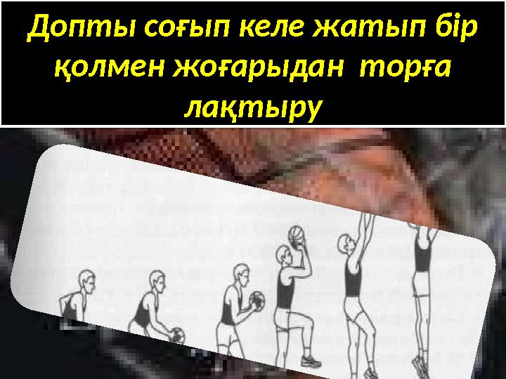 Допты соғып келе жатып бір қолмен жоғарыдан торға лақтыру Допты соғып келе жатып бір қолмен жоғарыдан торға лақтыру