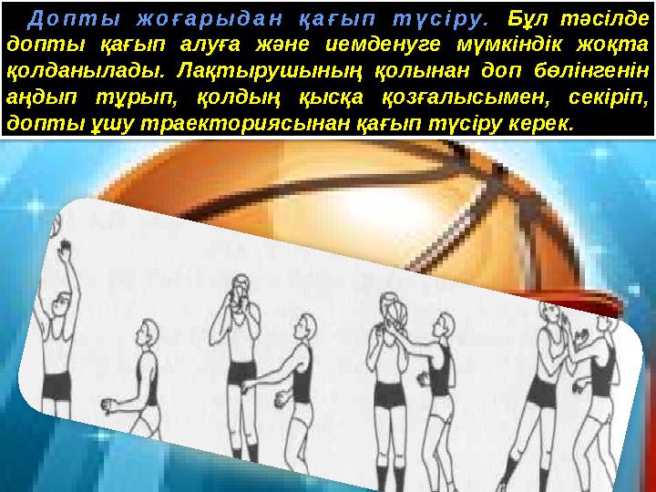 Допты жоғарыдан қағып түсіру. Бұл тәсілде допты қағып алуға және иемденуге мүмкіндік жоқта қолданылады. Лақтырушының қолынан Допты жоғарыдан қағып түсіру. Бұл тәсілде допты қағып алуға және иемденуге мүмкіндік жоқта қолданылады. Лақтырушының қолынан