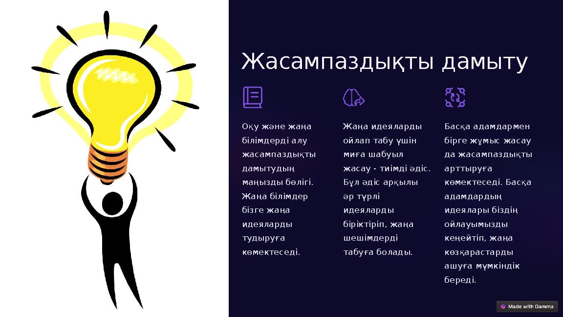 Жасампаздықты дамыту Оқу және жаңа білімдерді алу жасампаздықты дамытудың маңызды бөлігі. Жаңа білімдер бізге жаңа идеял Жасампаздықты дамыту Оқу және жаңа білімдерді алу жасампаздықты дамытудың маңызды бөлігі. Жаңа білімдер бізге жаңа идеял