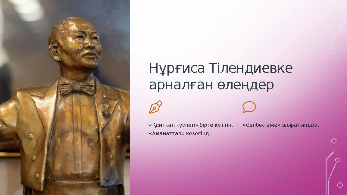 Нұрғиса Тілендиевке арналған өлеңдер «Қайтқан құспен» бірге кеттің, «Аманаттап» кезегіңді. «Сөнбес әже» шырағындай. Нұрғиса Тілендиевке арналған өлеңдер «Қайтқан құспен» бірге кеттің, «Аманаттап» кезегіңді. «Сөнбес әже» шырағындай.