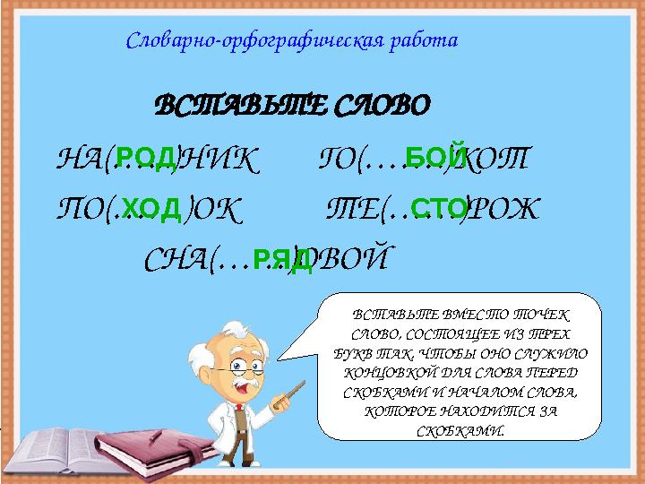 Словарно-орфографическая работа ВСТАВЬТЕ СЛОВО НА(…...)НИК ГО(…….)КОТ ПО(……)ОК ТЕ(……)РОЖ СНА(……)ОВОЙ