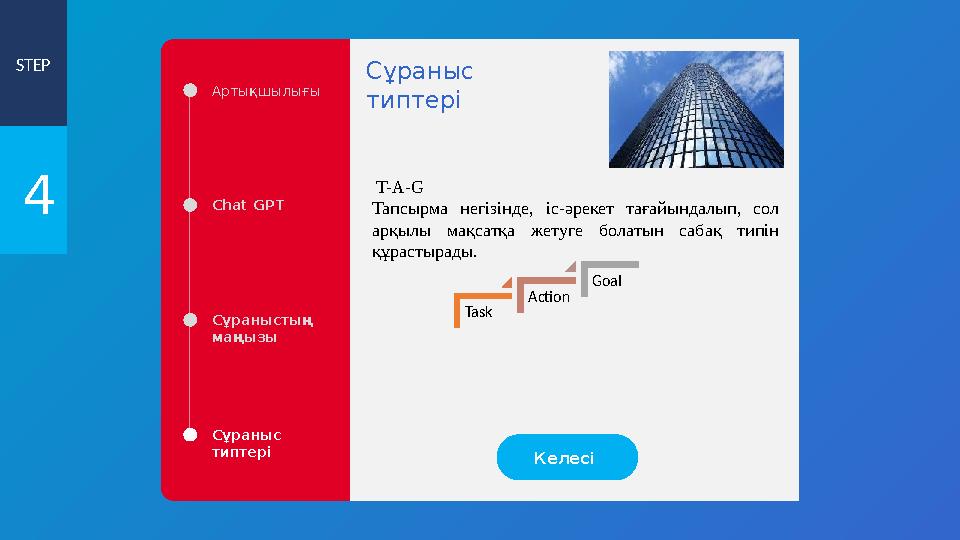 STEP 4 Артықшылығы Chat GPT Сұраныстың маңызы Сұраныс типтері T-A-G Тапсырма негізінде, іс-әрекет тағайындалып, сол арқылы STEP 4 Артықшылығы Chat GPT Сұраныстың маңызы Сұраныс типтері T-A-G Тапсырма негізінде, іс-әрекет тағайындалып, сол арқылы