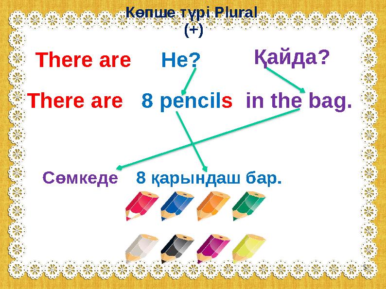 Көпше түрі Plural (+) There areНе? Қайда? There are8 pencilsin the bag. Сөмкеде8 қарындаш бар. 5