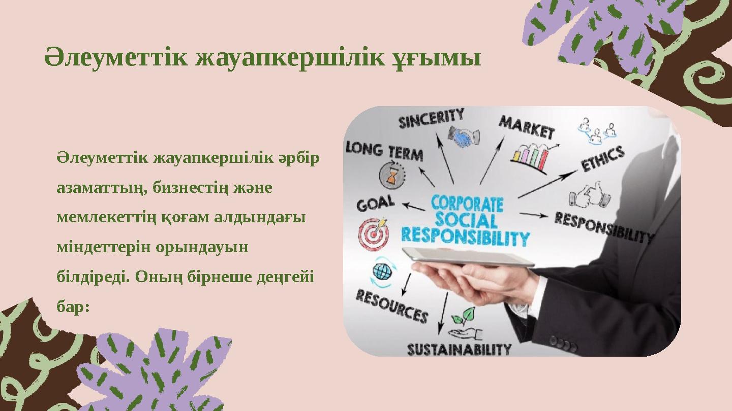 Әлеуметтік жауапкершілік ұғымы Әлеуметтік жауапкершілік әрбір азаматтың, бизнестің және мемлекеттің қоғам алдындағы міндеттер