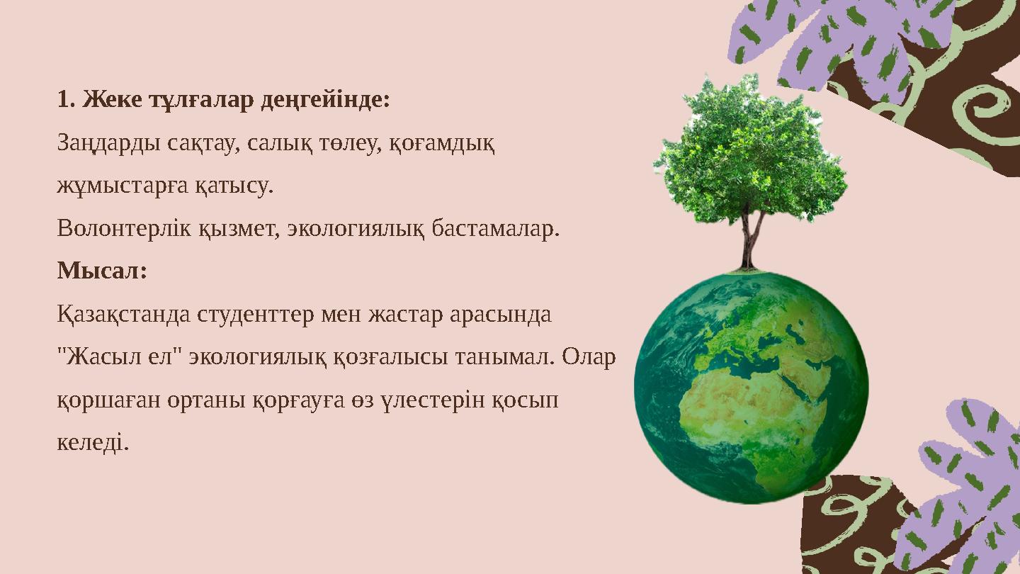 1. Жеке тұлғалар деңгейінде: Заңдарды сақтау, салық төлеу, қоғамдық жұмыстарға қатысу. Волонтерлік қызмет, экологиялық бастамал