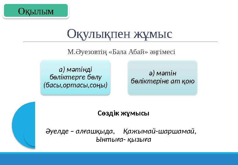 Оқулықпен жұмыс М.Әуезовтің «Бала Абай» әңгімесі а) мәтінді бөліктерге бөлу (басы,ортасы,соңы) ә) мәтін бөліктеріне ат қ