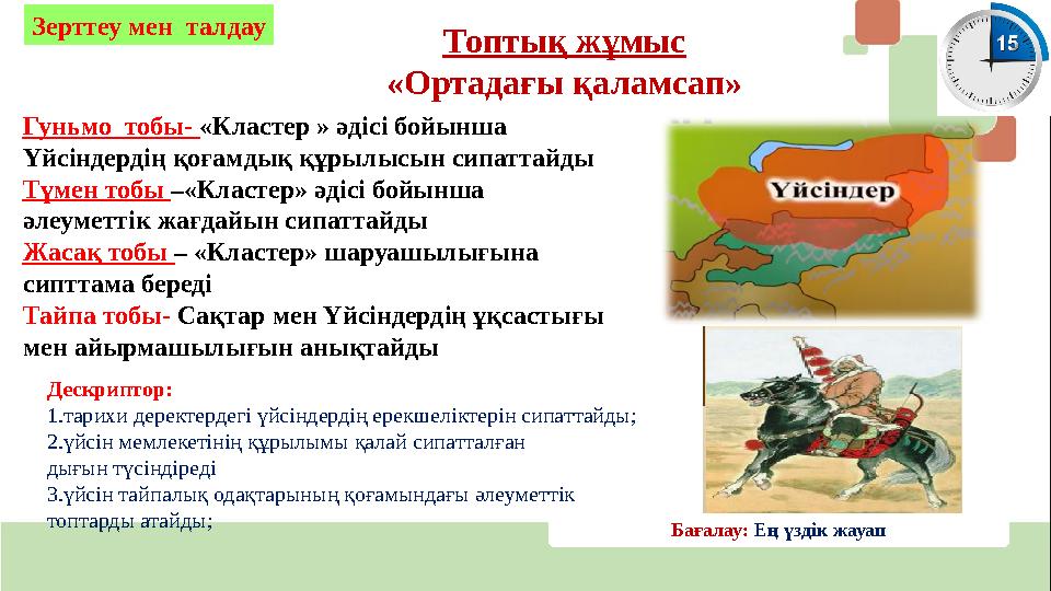 Топтық жұмыс «Ортадағы қаламсап» Зерттеу мен талдау Гуньмо тобы- «Кластер » әдісі бойынша Үйсіндердің қоғамдық құрылысын сипа Топтық жұмыс «Ортадағы қаламсап» Зерттеу мен талдау Гуньмо тобы- «Кластер » әдісі бойынша Үйсіндердің қоғамдық құрылысын сипа
