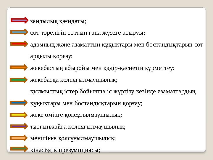 заңдылық қағидаты; сот төрелігін соттың ғана жүзеге асыруы; адамның және азаматтың құқықтары мен бостандықтарын сот арқылы қор