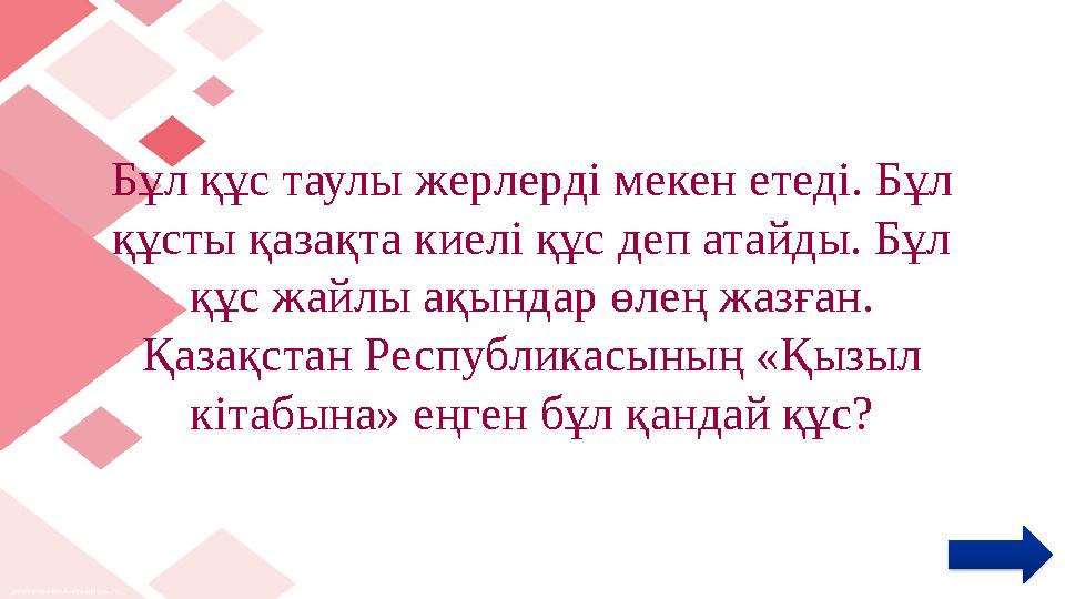 Бұл құс таулы жерлерді мекен етеді. Бұл құсты қазақта киелі құс деп атайды. Бұл құс жайлы ақындар өлең жазған. Қазақстан Респ
