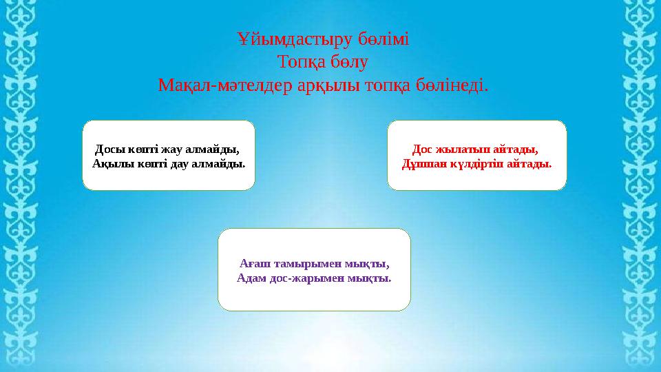 Ұйымдастыру бөлімі Топқа бөлу Мақал-мәтелдер арқылы топқа бөлінеді. Досы көпті жау алмайды, Ақылы көпті дау алмайды. Ағаш тамыр
