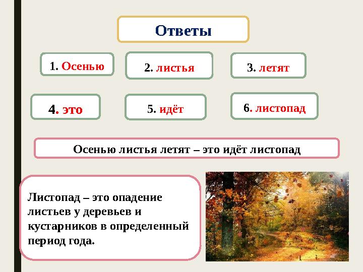 Ответы 1. Осенью 2. листья 3. летят 4. это 5. идёт 6. листопад Осенью листья летят – это идёт листопад Листопад – это опадение