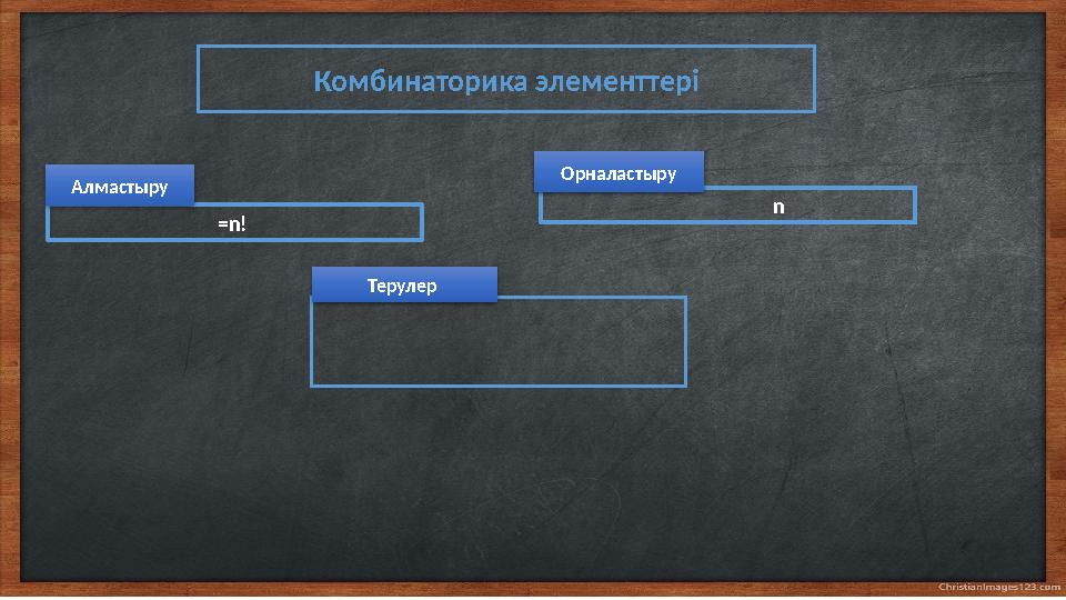 Комбинаторика элементтері n =n! Алмастыру Орналастыру Терулер