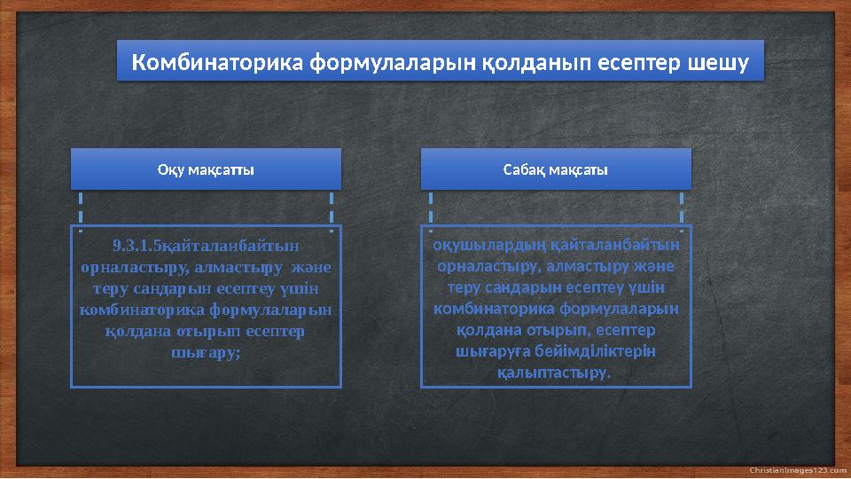 Комбинаторика формулаларын қолданып есептер шешу 9.3.1.5қайталанбайтын орналастыру, алмастыру және теру сандарын есептеу үші