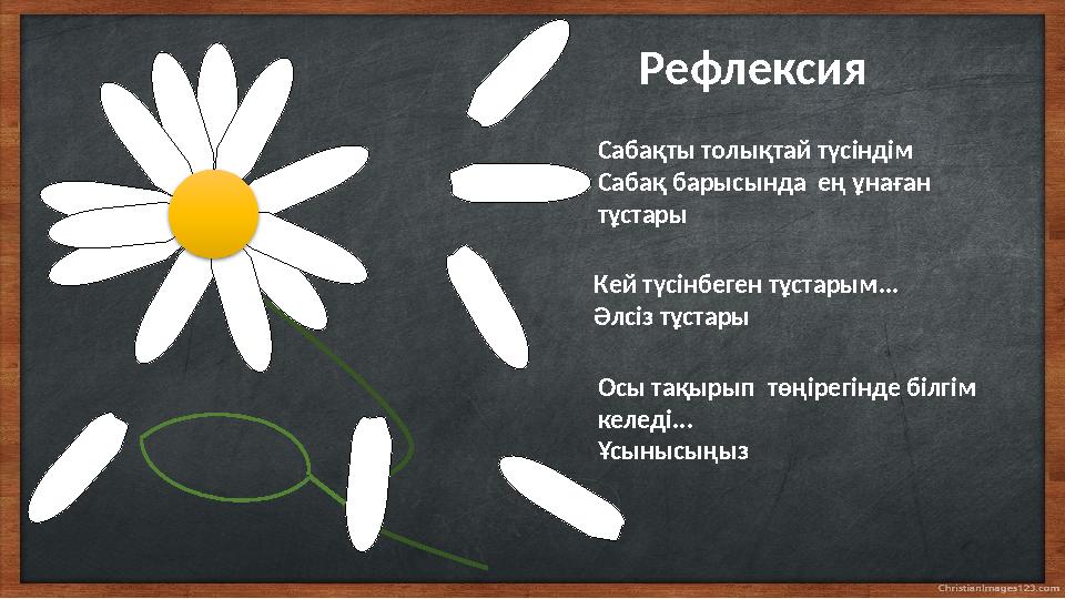 Кей түсінбеген тұстарым... Әлсіз тұстары Сабақты толықтай түсіндім Сабақ барысында ең ұнаған тұстары Осы тақырып төңірегінде