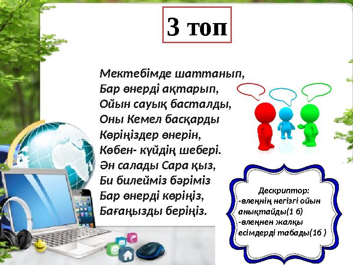 3 топ Мектебімде шаттанып, Бар өнерді ақтарып, Ойын сауық басталды, Оны Кемел басқарды Көріңіздер өнерін, Көбен- күйдің шебері.