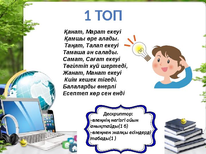 1 ТОП Қанат, Марат екеуі Қамшы өре алады. Таңат, Талап екеуі Тамаша ән салады. Самат, Сағат екеуі Төгілтіп күй шертеді, Ж