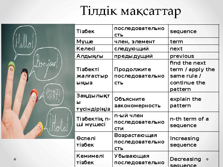 Тілдік мақсаттар Тізбек последовательно сть sequence Мүше член, элемент term Келесі следующий next Алдыңғы предыдущий previous Т
