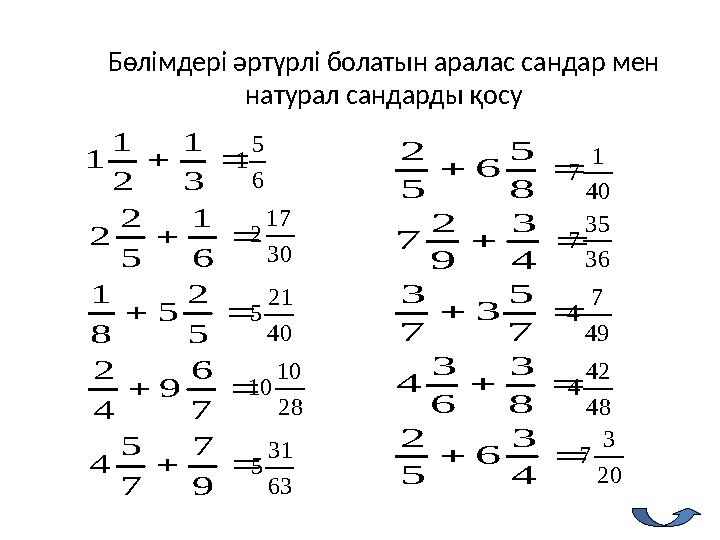 Бөлімдері әртүрлі болатын аралас сандар мен натурал сандарды қосу      9 7 7 5 4 7 6 9 4 2 5 2 5 8 1 6 1 5 2 2 3 1 2
