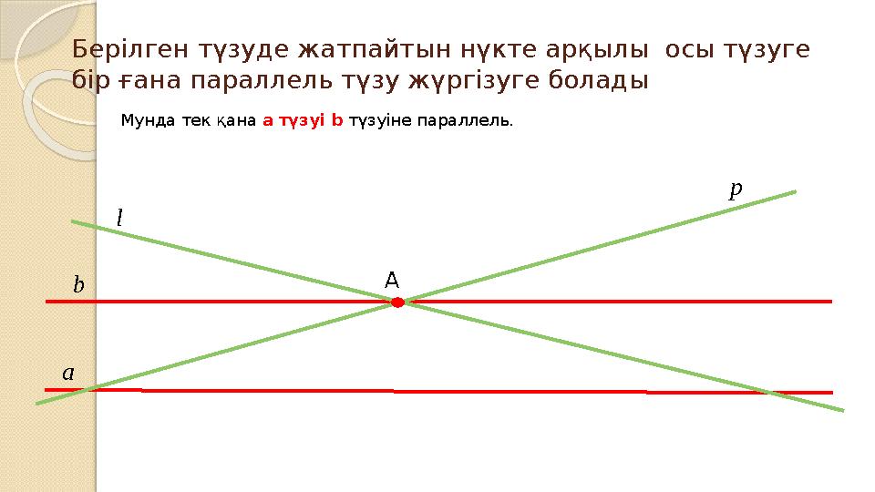 Берілген түзуде жатпайтын нүкте арқылы осы түзуге бір ғана параллель түзу жүргізуге болады а Аb p l Мунда тек қана a түз