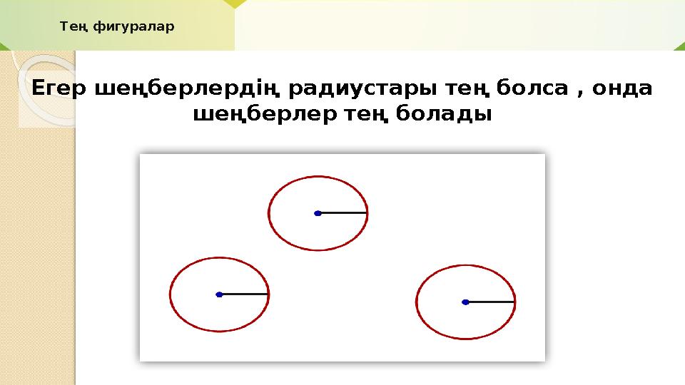 Тең фигуралар Егер шеңберлердің радиустары тең болса , онда шеңберлер тең болады