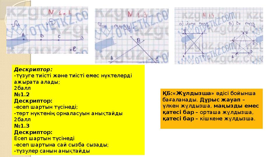 Дескриптор: -түзуге тиісті және тиісті емес нүктелерді ажырата алады; 2балл №1.2 Дескриптор: -есеп шартын түсінеді; -төрт