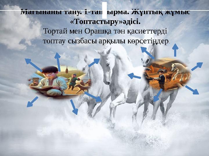 Мағынаны тану. 1-тапсырма. Жұптық жұмыс «Топтастыру»әдісі. Тортай мен Орашқа тән қасиеттерді топтау сызбасы арқылы көрсетіңде Мағынаны тану. 1-тапсырма. Жұптық жұмыс «Топтастыру»әдісі. Тортай мен Орашқа тән қасиеттерді топтау сызбасы арқылы көрсетіңде
