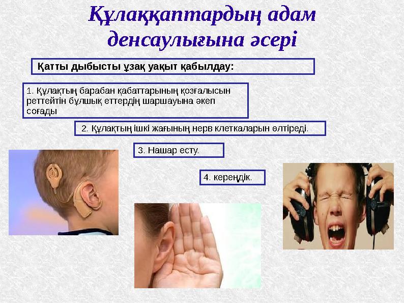 Құлаққаптардың адам денсаулығына әсері Қатты дыбысты ұзақ уақыт қабылдау: 2. Құлақтың ішкі жағының нерв клеткаларын өлтіреді. Құлаққаптардың адам денсаулығына әсері Қатты дыбысты ұзақ уақыт қабылдау: 2. Құлақтың ішкі жағының нерв клеткаларын өлтіреді.