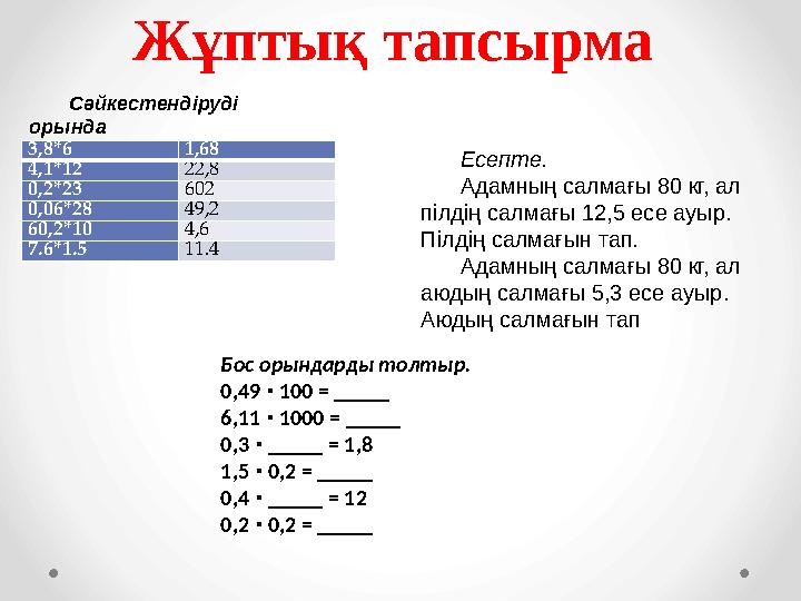 Жұптық тапсырма 3,8*6 1,68 4,1*12 22,8 0,2*23 602 0,06*28 49,2 60,2*10 4,6 7.6*1.5 11.4 Есепте. Адамның салмағы 80 кг, ал пілд Жұптық тапсырма 3,8*6 1,68 4,1*12 22,8 0,2*23 602 0,06*28 49,2 60,2*10 4,6 7.6*1.5 11.4 Есепте. Адамның салмағы 80 кг, ал пілд