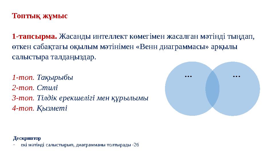 Топтық жұмыс 1-тапсырма. Жасанды интеллект көмегімен жасалған мәтінді тыңдап, өткен сабақтағы оқылым мәтінімен «Венн диаграмма Топтық жұмыс 1-тапсырма. Жасанды интеллект көмегімен жасалған мәтінді тыңдап, өткен сабақтағы оқылым мәтінімен «Венн диаграмма