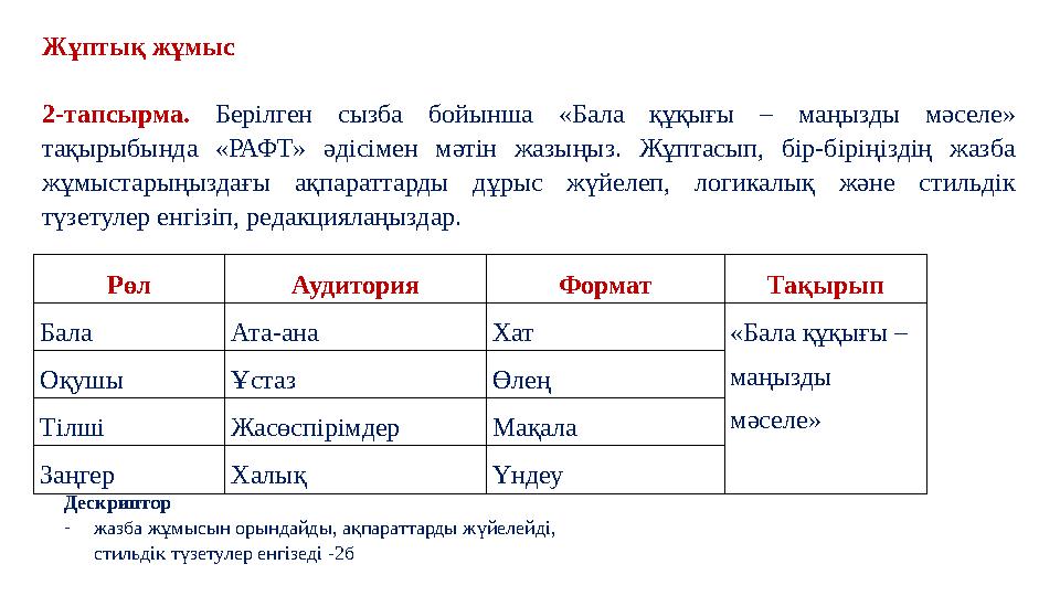 Жұптық жұмыс 2-тапсырма. Берілген сызба бойынша «Бала құқығы – маңызды мәселе» тақырыбында «РАФТ» әдісімен мәтін жазыңыз. Жұпта Жұптық жұмыс 2-тапсырма. Берілген сызба бойынша «Бала құқығы – маңызды мәселе» тақырыбында «РАФТ» әдісімен мәтін жазыңыз. Жұпта