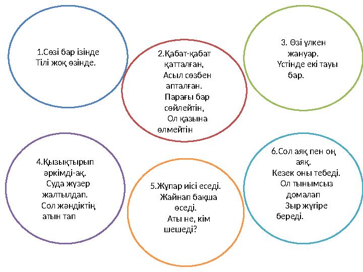 1.Сөзі бар ізінде Тілі жоқ өзінде. 2.Қабат-қабат қатталған, Асыл сөзбен апталған. Парағы бар сөйлейтін,