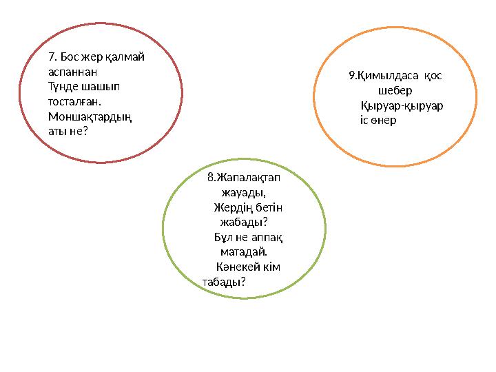 7. Бос жер қалмай аспаннан Түнде шашып тосталған. Моншақтардың аты не? 8.Жапалақтап жауады, Жердің бетін жабады?