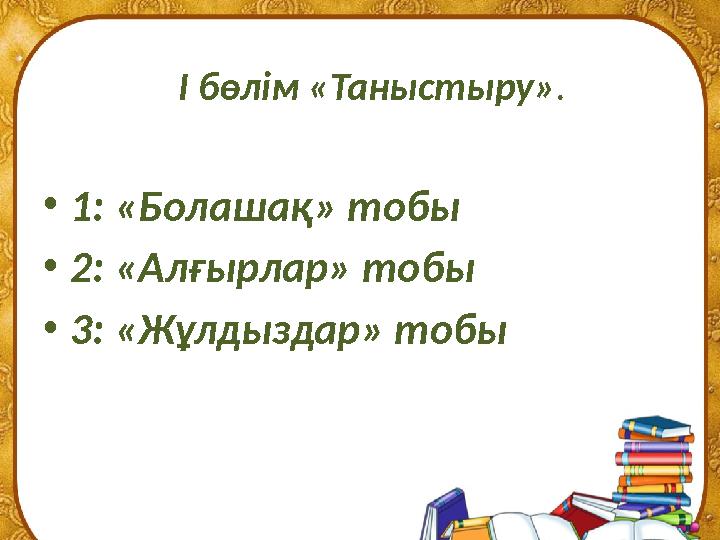 •1: «Болашақ» тобы •2: «Алғырлар» тобы •3: «Жұлдыздар» тобы І бөлім «Таныстыру».
