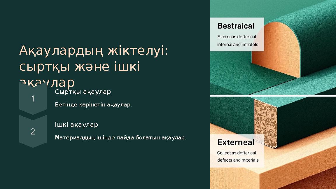 Ақаулардың жіктелуі: сыртқы және ішкі ақаулар Сыртқы ақаулар Бетінде көрінетін ақаулар. Ішкі ақаулар Материалдың ішінде пайда