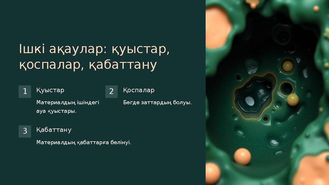 Ішкі ақаулар: қуыстар, қоспалар, қабаттану 1 Қуыстар Материалдың ішіндегі ауа қуыстары. 2 Қоспалар Бөгде заттардың болуы. 3 Қа