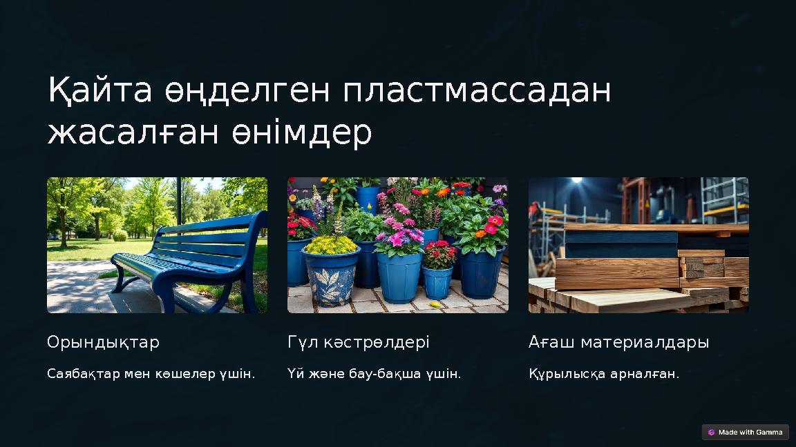 Қайта өңделген пластмассадан жасалған өнімдер Орындықтар Саябақтар мен көшелер үшін. Гүл кәстрөлдері Үй және бау-бақша үшін. А