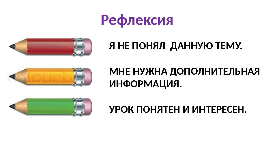 Рефлексия Я НЕ ПОНЯЛ ДАННУЮ ТЕМУ. МНЕ НУЖНА ДОПОЛНИТЕЛЬНАЯ ИНФОРМАЦИЯ. УРОК ПОНЯТЕН И ИНТЕРЕСЕН.